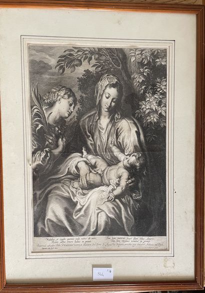 Lot comprenant : D'après Vander Meeren, Vierge à l'Enfant, gravure en noir, 33 x...