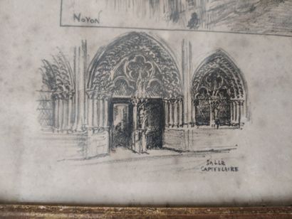 Lot de deux estampes comprenant "la Cathédrale de Noyon" et "Rue de village", 43...