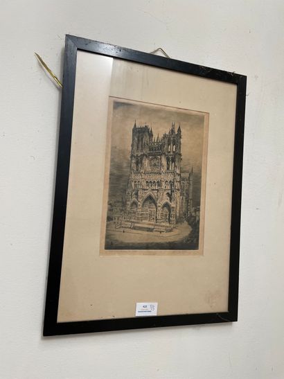 Lot comprenant : reproduction d'après Delacroix 14 x 10 cm , Vue de la cathèdrale...