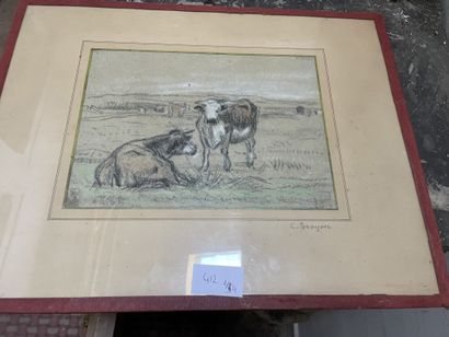 Lot comprenant : vaches d'après Troyon, crayons de couleurs 16 x 22 cm , anonyme,...