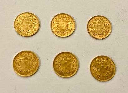SIX PIECES de 20 Francs or suisse diverses années
