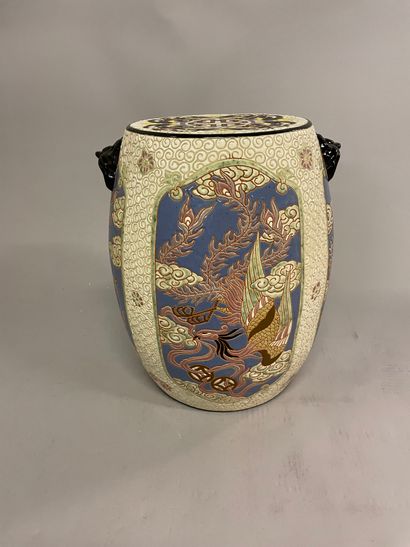 null TABOURET in polychrome enamelled ceramic decorated with dragons, birds and turtles...
