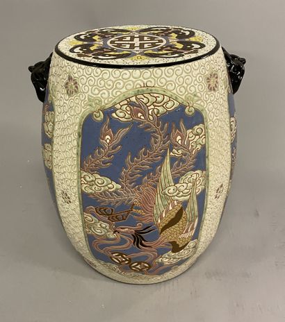 null TABOURET in polychrome enamelled ceramic decorated with dragons, birds and turtles...