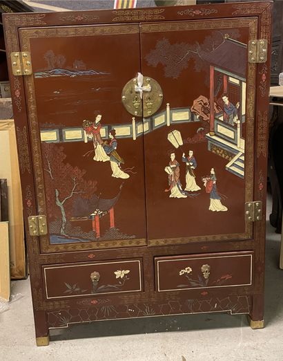 null A lacquered wood storage unit decorated with birds in flowering branches.
China,...