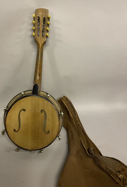 INSTRUMENT Stringed instrument in wood, skin and metal with violin decoration on...