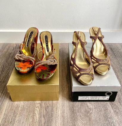 Lot comprenant : Lot including : 

- ROSSINI

PAIR OF GOLDEN LEATHER AND STRASS SLIPPERS

T....