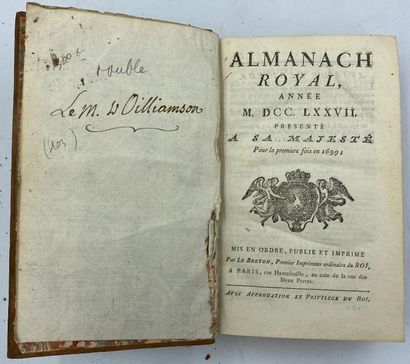 ALMANACH ROYAL, 1777, Le Breton, Paris, reliure basane, dos à nerfs orné de fleurs...