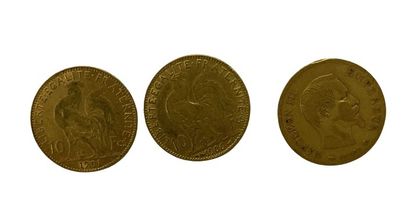 TROIS PIECES 10 Francs or diverses années THREE PIECES 10 Francs gold various years
Gross...
