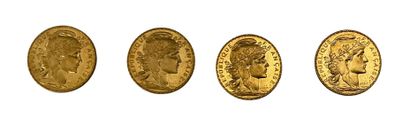QUATRE PIECES de 20 Francs or , diverses années FOUR PIECES of 20 Francs gold, various...