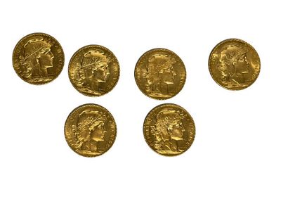SIX PIECES de 20 Francs or , diverses années SIX PIECES of 20 Francs gold, various...