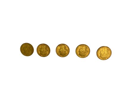 CINQ PIECES de 20 Francs or diverses années : 1904/1905/1908/1909/1913