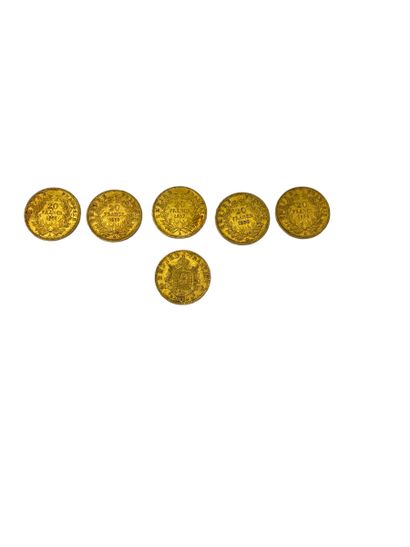 SIX PIECES de 20 Francs or diverses années : 1854/1857/1859/1860/1860 SIX PIECES...