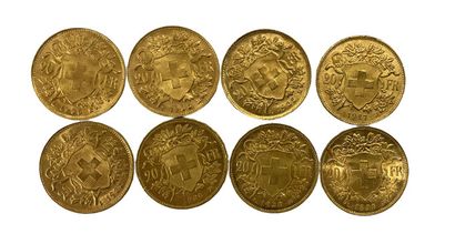 HUIT PIECES de 20 Francs Suisse, diveres années EIGHT PIECES of 20 Swiss Francs,...