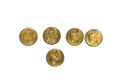 CINQ PIECES de 20 Francs or , diverses années