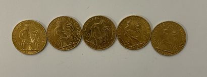 CINQ PIECES de 20 Francs or , diverses années FIVE PIECES of 20 Francs gold, various...