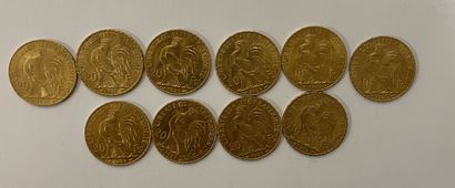 DIX PIECES de 20 Francs or, diverses années TEN PIECES of 20 Francs gold, various...