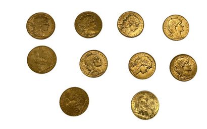 DIX PIECES de 20 Francs or, diverses années TEN PIECES of 20 Francs gold, various...