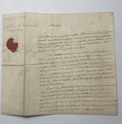 JOSEPH PARIS DE LESPINARD Lettre autographe signée en date du 2 avril 1792 1 page...
