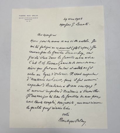 PIERRE MAC ORLAN, écrivain Lettre sur papier en-tête autographe signée adressée à...