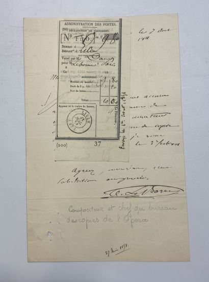 AIMÉ LEBORNE, compositeur Lettre autographe signée, Paris 7 août 1851 , 1 page sur...
