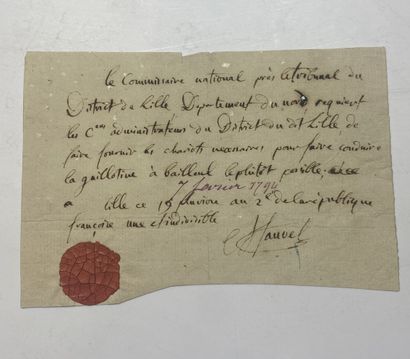 HAUVEL Billet autographe signé, 19 Pluviose An 2 (7 février 1794) réquisitionnant...