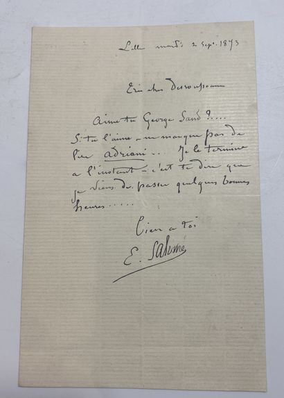 E. SALOME Lettre autographe signée, 2 septembre 1873, 1 page sur feuillet double...