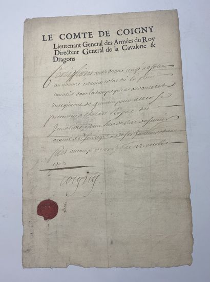 COMTE DE COIGNY Lettre autographe signée et à l’en-tête du lieutenant général des...