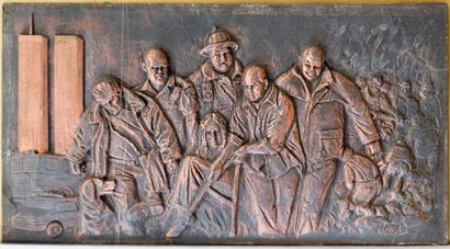 BYSSO ¤ BYSSO
TRAVAILLEURS AMERICAIN
Bas-relief patine cuivré signé en bas à droite
21...