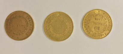 TROIS PIECES de 20 Francs or, 1875 ou 1876 TROIS PIECES de 20 Francs or, 1875 ou...