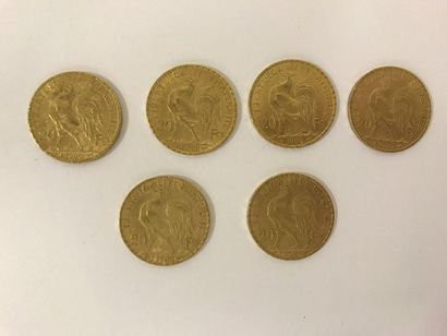 SIX PIECES de 20 Francs or diverses années ( 1905 et 1906) SIX PIECES de 20 Francs...