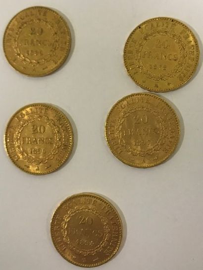Cinq pièces 20 Francs or Cinq pièces 20 Francs or, ange, diverses années : 1878 1891,...