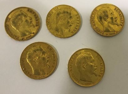 Cinq pièces 20 Francs or Cinq pièces 20 Francs or Napoléon III, diverses années dont...