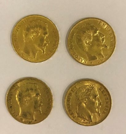 Quatre pièces 20 Francs or Quatre pièces 20 Francs or Napoléon III, diverses années...