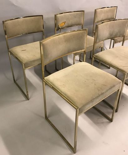 D'après Willy RIZZO, Six chaises en métal chromé doré et assise en peau D'après Willy...