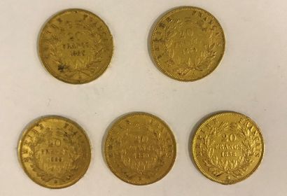 Cinq pièces 20 Francs or Cinq pièces 20 Francs or Napoléon III, diverses années:...