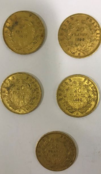 Cinq pièces 20 Francs or Cinq pièces 20 Francs or Napoléon III, diverses années
Poids...