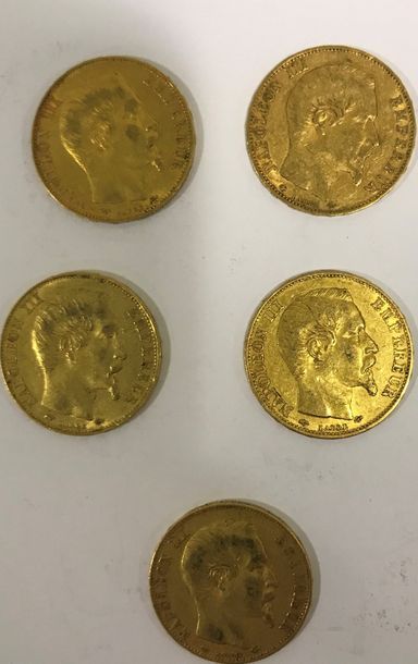 Cinq pièces 20 Francs or Cinq pièces 20 Francs or Napoléon III, diverses années
Poids...
