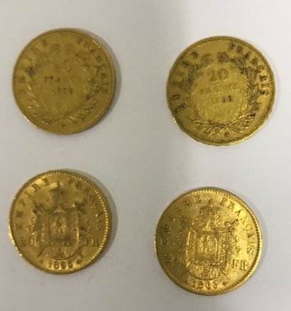 Quatre pièces 20 Francs or Quatre pièces 20 Francs or Napoléon III, diverses années:...