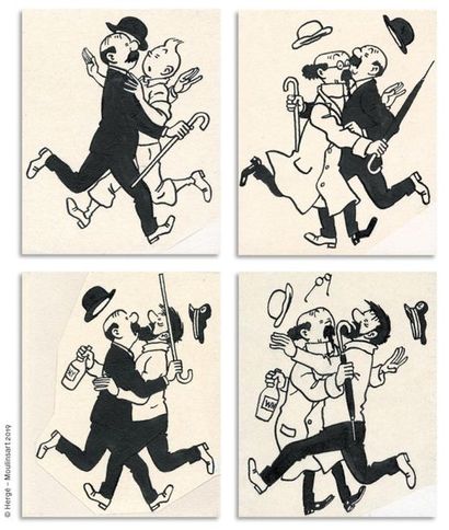 HERGÉ HERGÉ TINTIN Série de quatre illustrations originales, réalisées entre 1958...