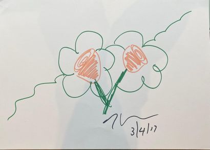 Jeff KOONS (Né en 1955) Jeff Koons

Flowers 

Dessin coloré aux feutres vert et rose

Signé... Gazette Drouot