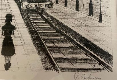 null PAUL DELVAUX (1897-1994) 
La Gare 
Lithographie originale en noir, signée au...