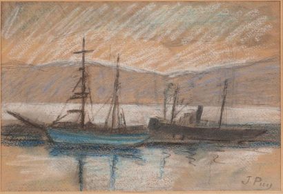 null Jean PUY (1876-1960)
A la pêche. Le bateau bleu.
Pastel signé en bas à droite...