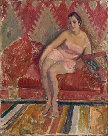 null Jean PUY (1876-1960)
Femme assise en combinaison rose.
 Huile sur toile signée...
