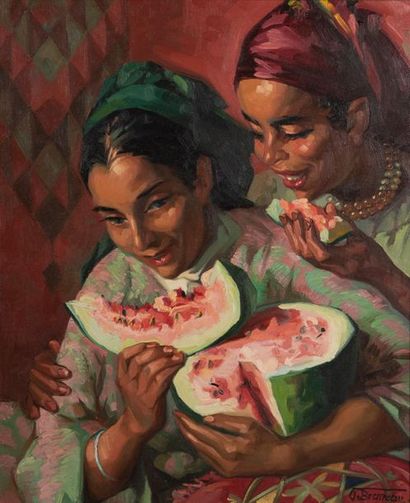 null Odette BRUNEAU (1891-1984) Moroccan
women with watermelon.
Oil on canvas signed...