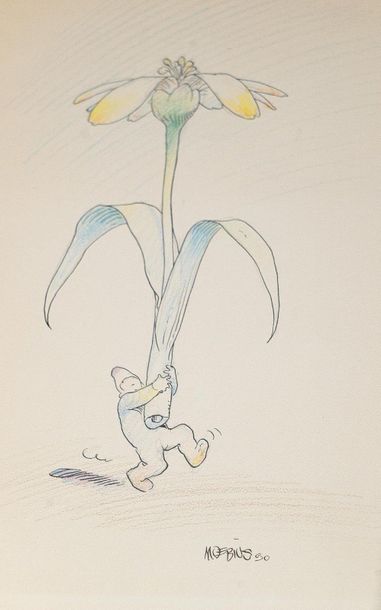  Moebius Jean Giraud (1938-2012), 
Drawing of a character wearing a flower.
Drawing... Gazette Drouot