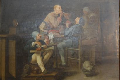 null École hollandaise du XVIIIe siècle. Les fumeurs. Huile sur panneau. H. 29 cm,...