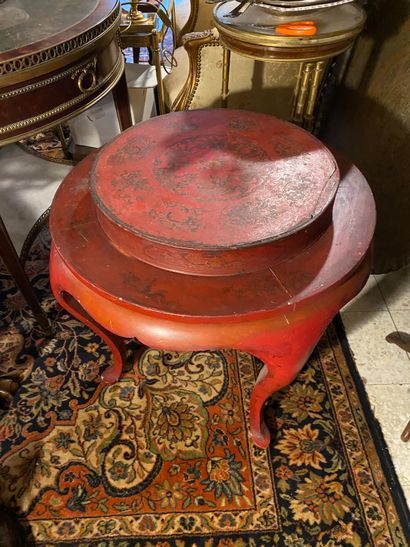 null 
Chine, circa 1900. 






Table circulaire en bois laqué rouge à pieds galbés....