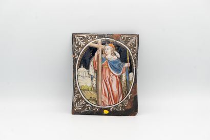 null 
Polychrome painted enamel plaque with gold highlights representing Faith, purplish...