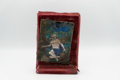 null 
Polychrome painted enamel plaque with gold highlights representing Saint Jerome,...