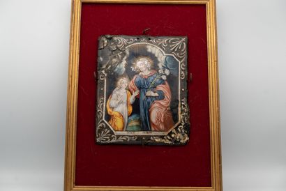 null 
Plaque en émail peint polychrome et rehauts d’or représentant Saint Joseph...